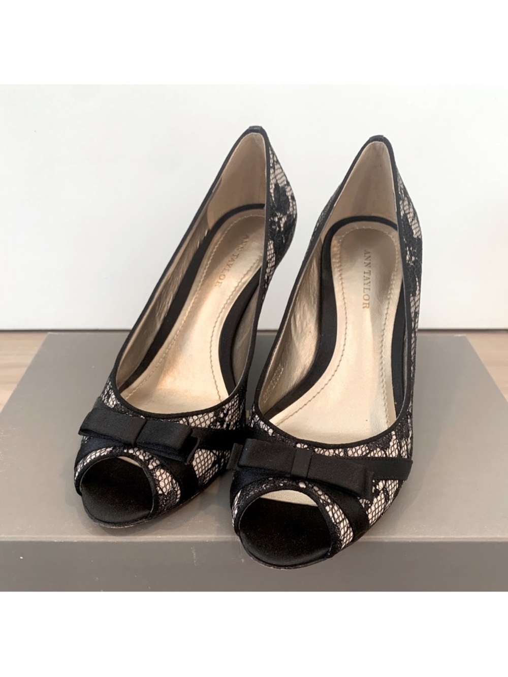 Ann Taylor Black Lace Peep-Toe Heels with Bow Accent
